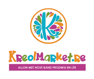 Logo coloré de KreolMarket.re avec le slogan "ALLON MET NOUT BAND PRODWI EN LÉR".